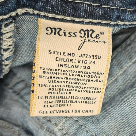 Miss Me Signature Boot Jeans 28 Blue Embroidered Rhinestone Crosses Bling Denim - Picture 8 of 13